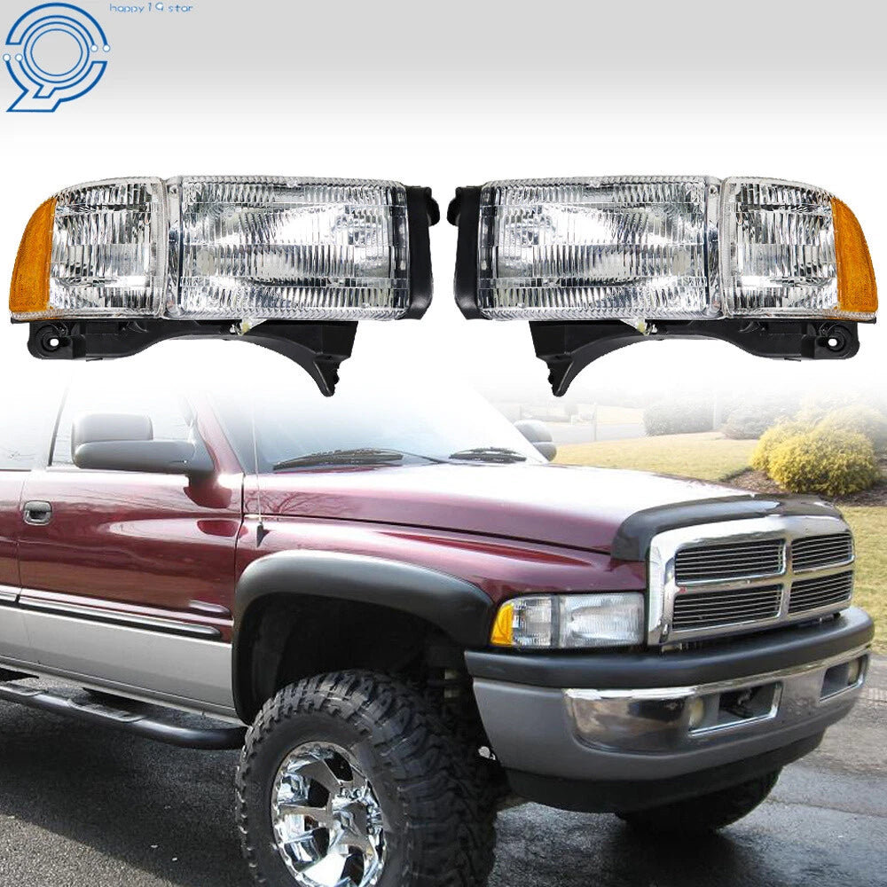 LH+RH Side Crystal Fresnel Lens Amber Corner Headlights for Dodge Ram (1994–2002)