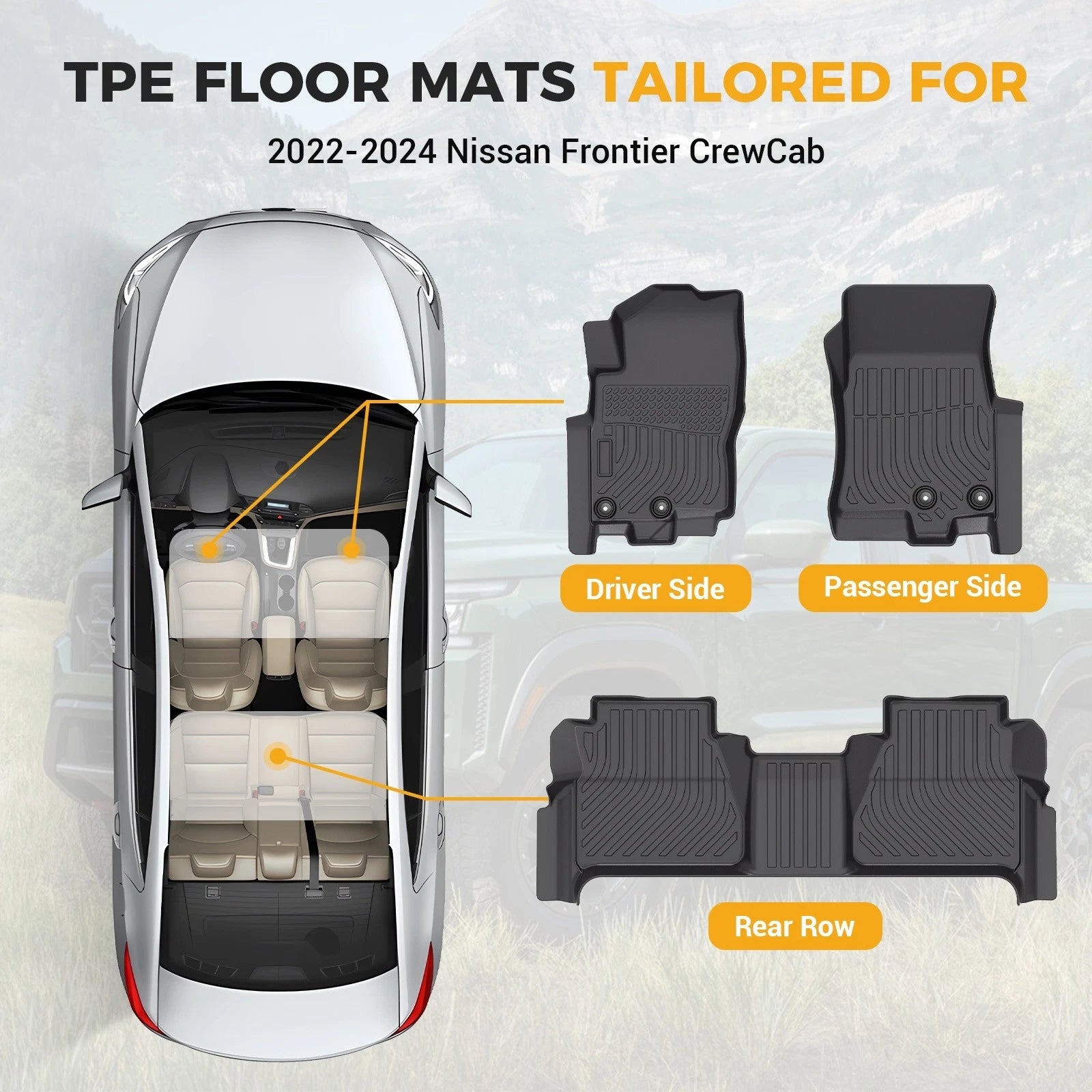 Set of 3 All Weather Floor Mats for Nissan Frontier Crew Cab (2022–2025)