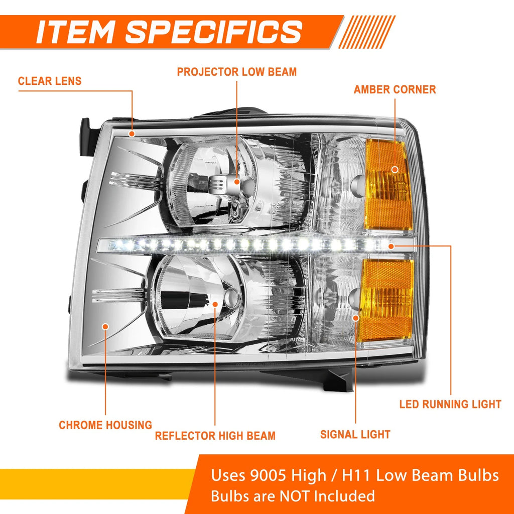 LED DRL Strip Headlight for Chevy Silverado (2007–2014) Chrome Housing Amber Side
