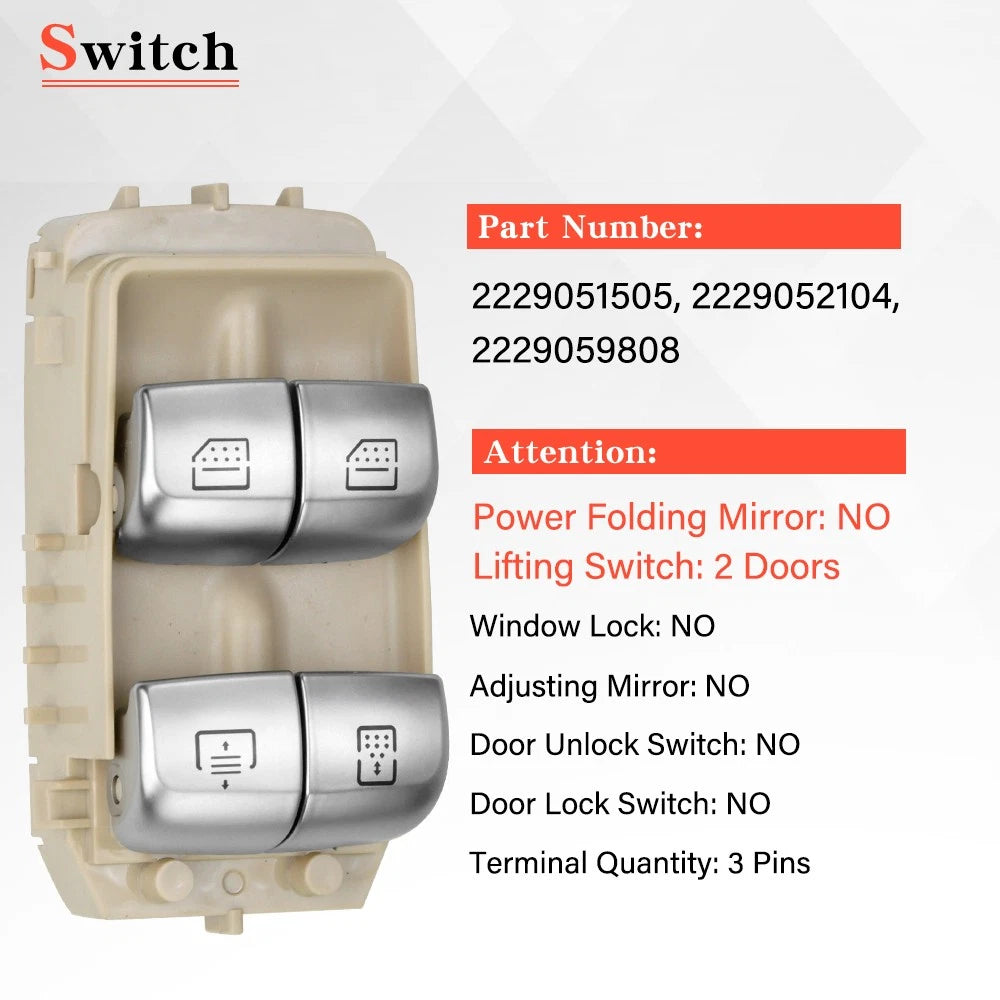 Rear Right Power Window Switch for Mercedes-Benz W222 S550 S600 (2014–2020) 2229051505