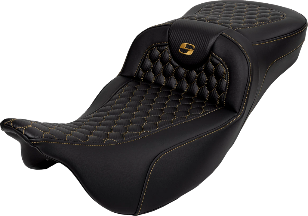 SADDLEMEN RoadSofa Seat for Harley Davidson (Extended Reach, Honeycomb, Gold Stitch)