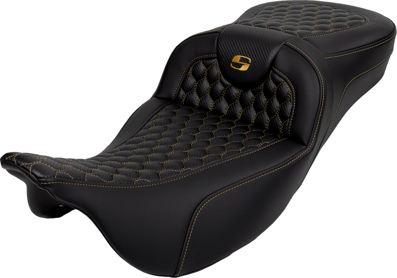SADDLEMEN RoadSofa Seat for Harley Davidson (Extended Reach, Honeycomb, Gold Stitch)