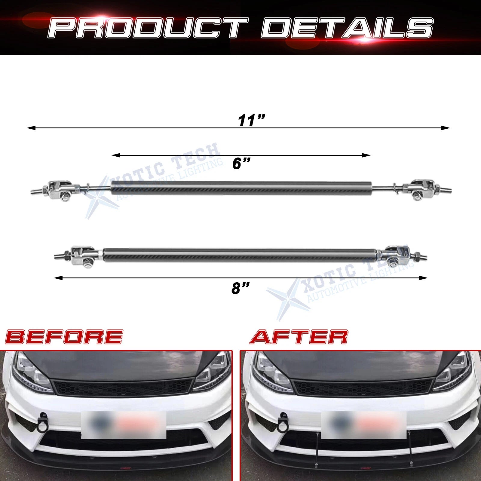 Carbon Fiber Front Bumper Splitter Strut Rod Tie Support Bars Universal (2010-2020)
