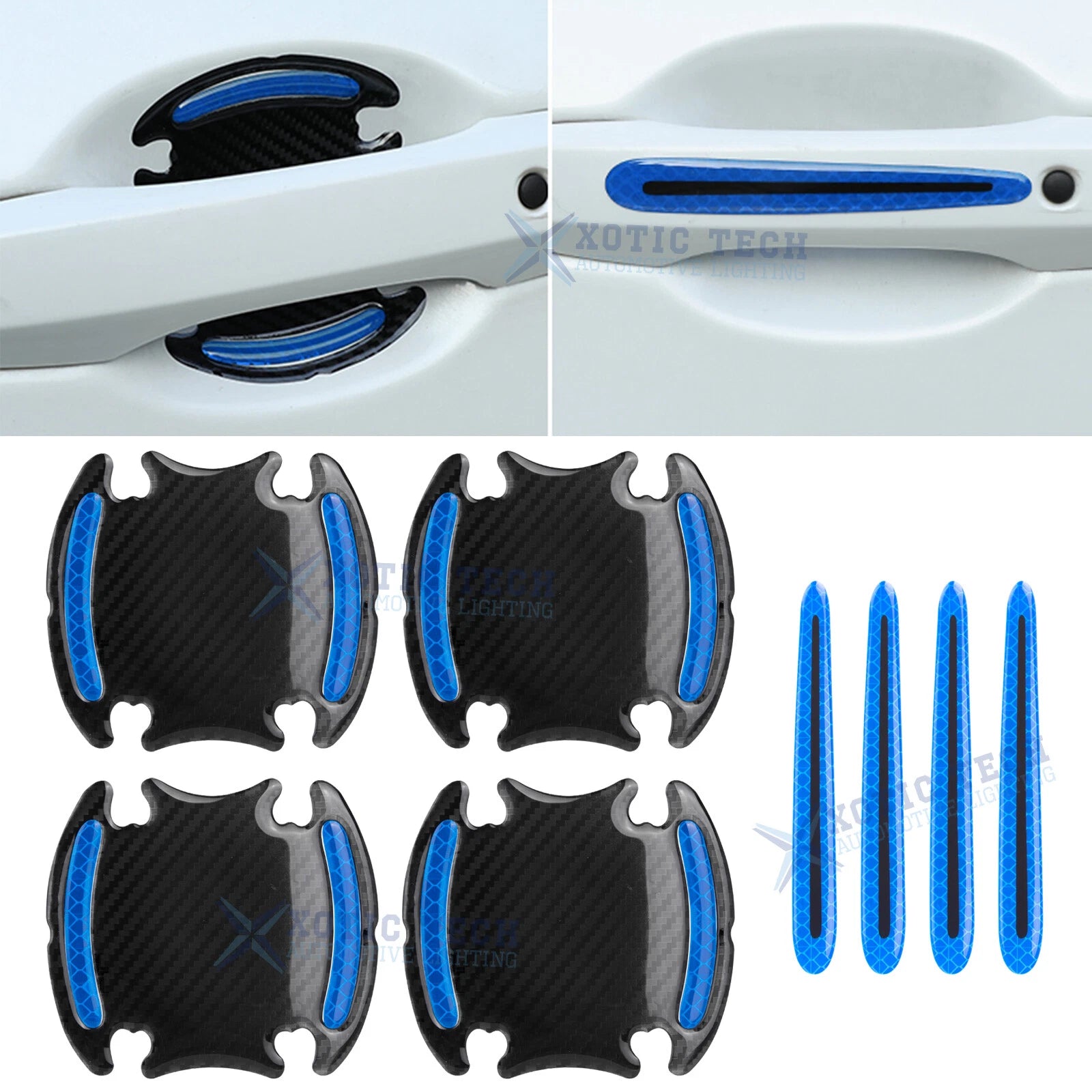 8x 3D Blue Carbon Fiber Door Handle Reflective Strip Guard for (—–—)