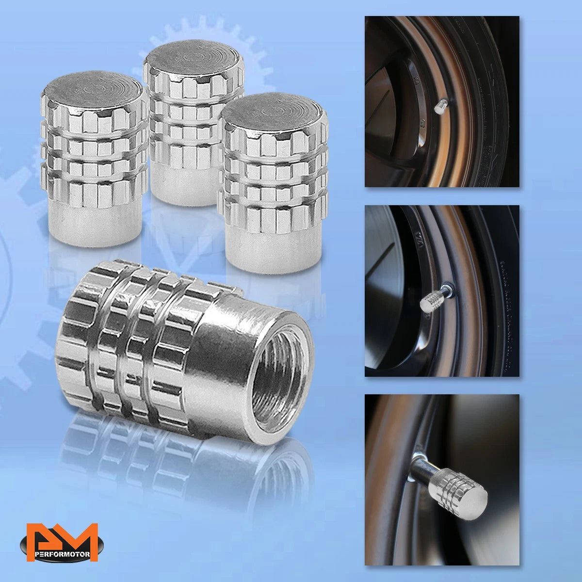 Set of 4 Silver Aluminum Tire Stem Caps for Universal Fit (All Models)