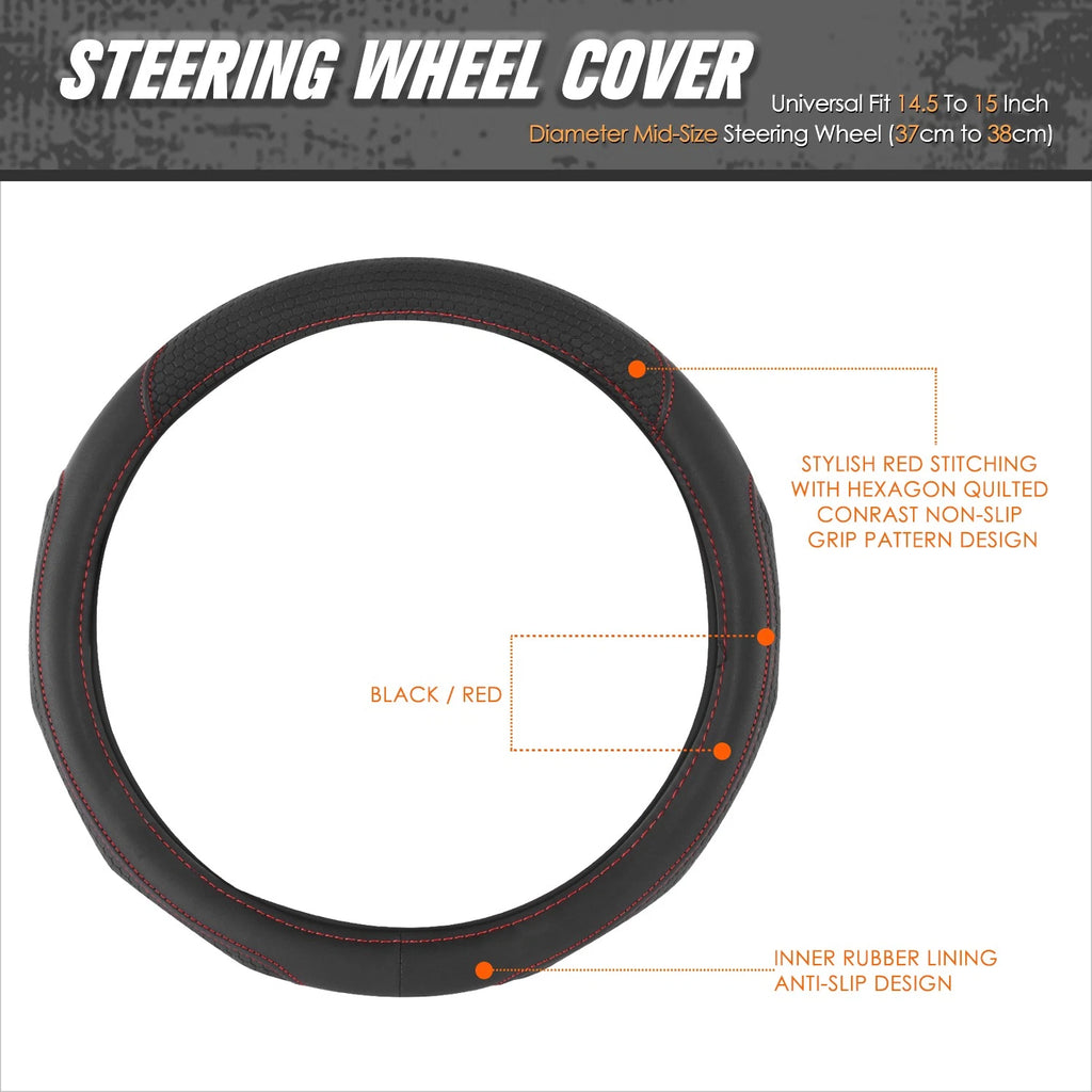 Steering Wheel Cover for Universal Fit (14.5-15") Black Hexagon Red Stitching