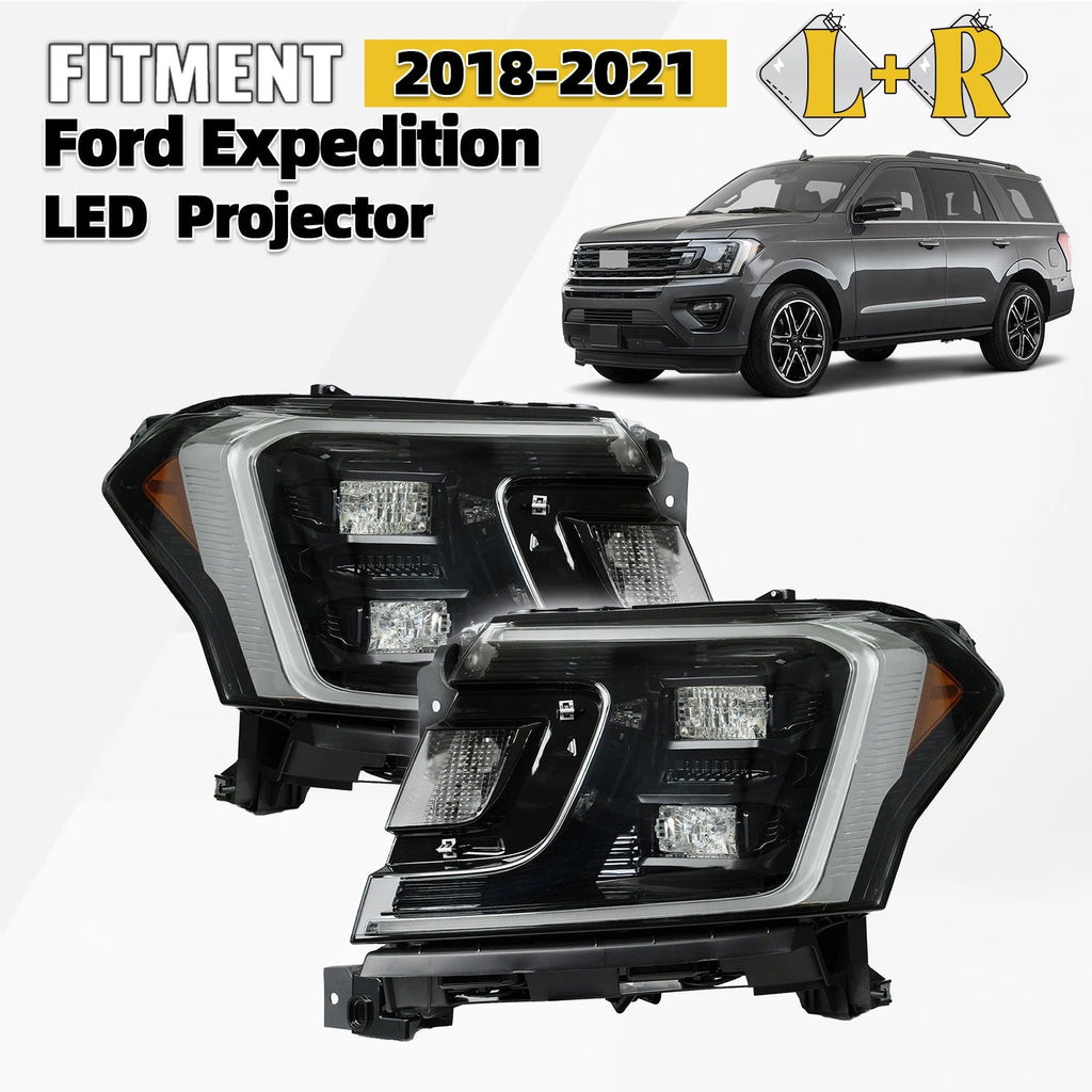 Set of 2 LED Headlights for Ford Expedition (2018–2021) Black Projector R+L