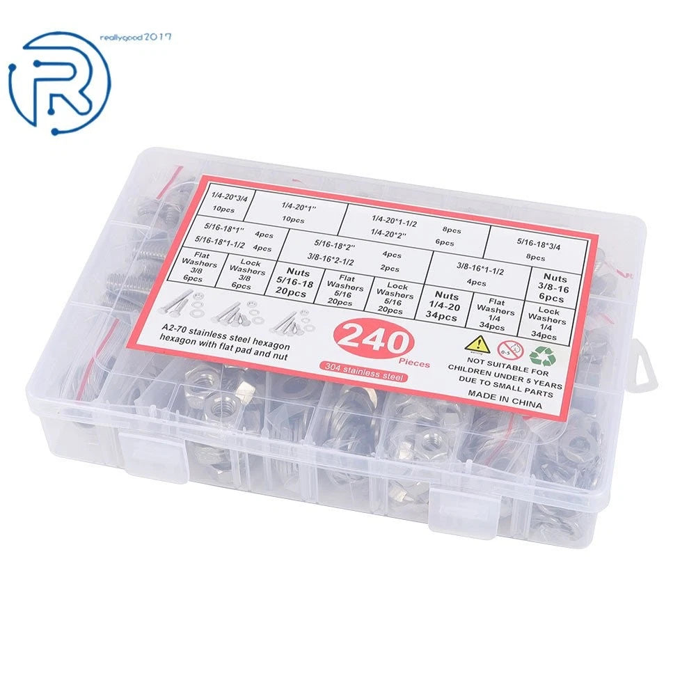Set of 240 Hex Head Cap Bolts and Nuts Combination Kit Stainless Steel