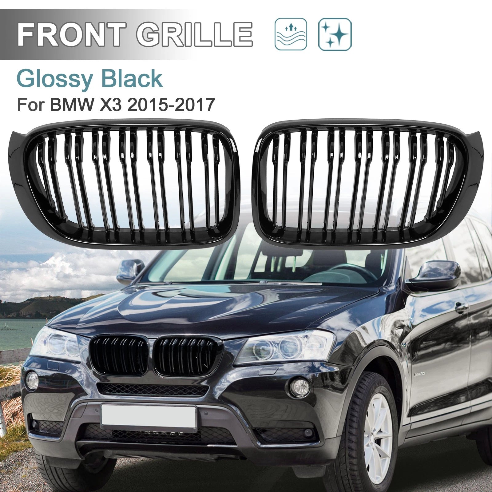Glossy Black Kidney Grille for BMW X3 (2015–2017)