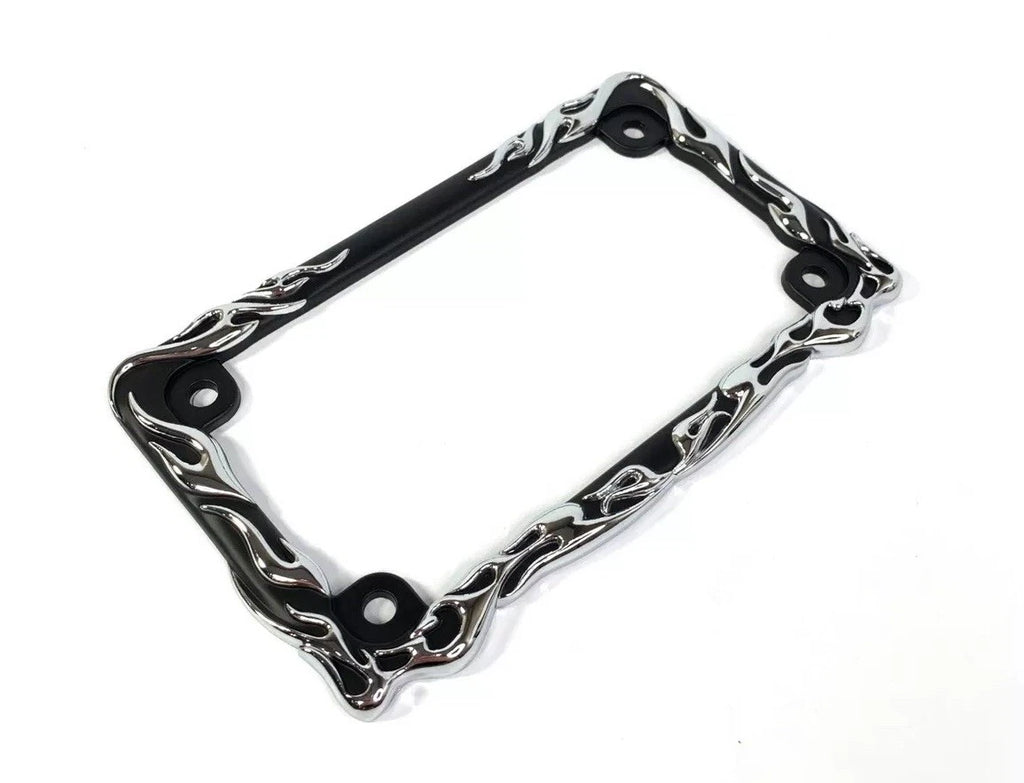 Metal Motorcycle License Plate Frame Black with Chrome Flames for Universal