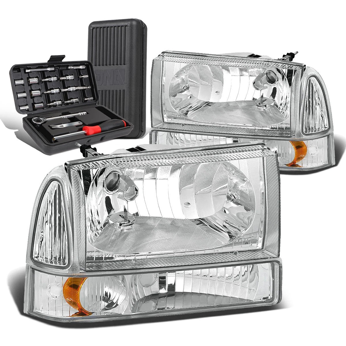 Set of 2 Chrome Amber Signal Headlight Lamps for Ford Super Duty (1999–2004)
