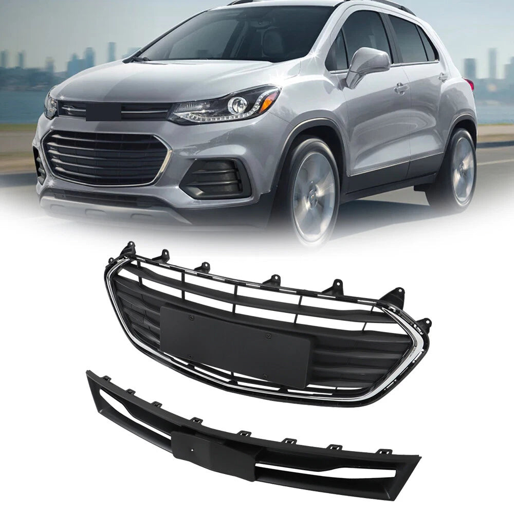 Set of 2 Front Upper Lower Grille for Chevrolet Trax (2017–2021) Black Chrome