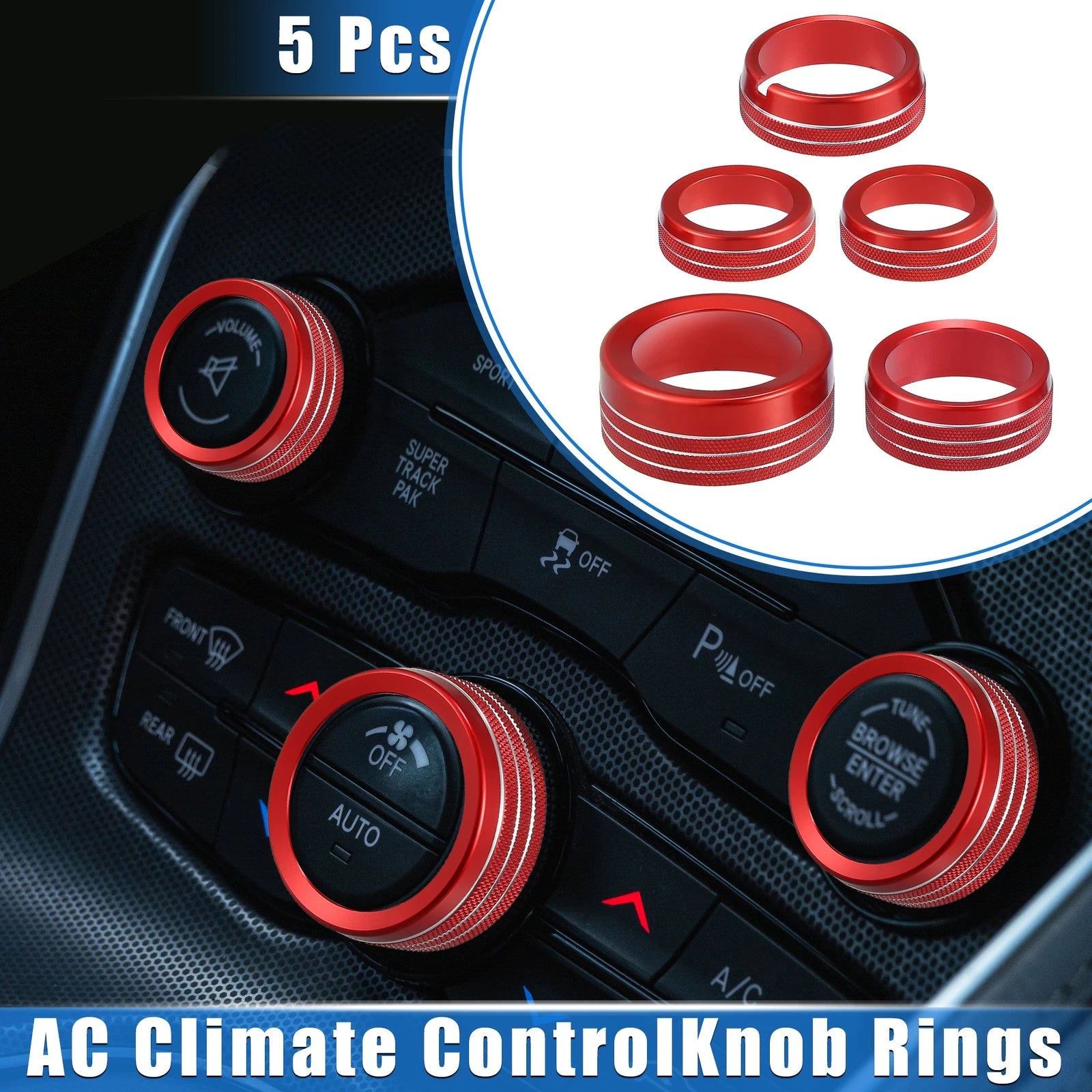 5 Pcs AC Climate Control Knob Ring for Chrysler 300, Dodge Challenger (2005–2023) Red