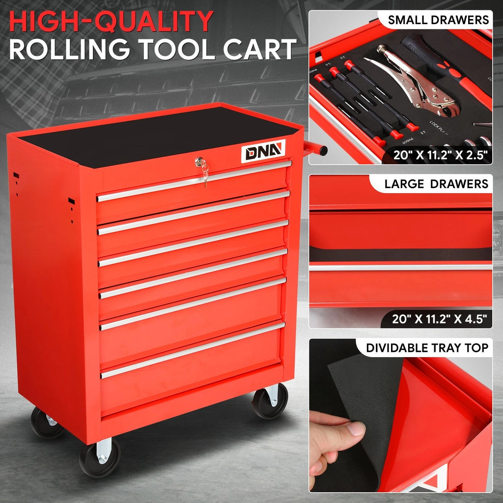 6 Drawer Rolling Tool Trolley Cabinet with Locker and Key, Red