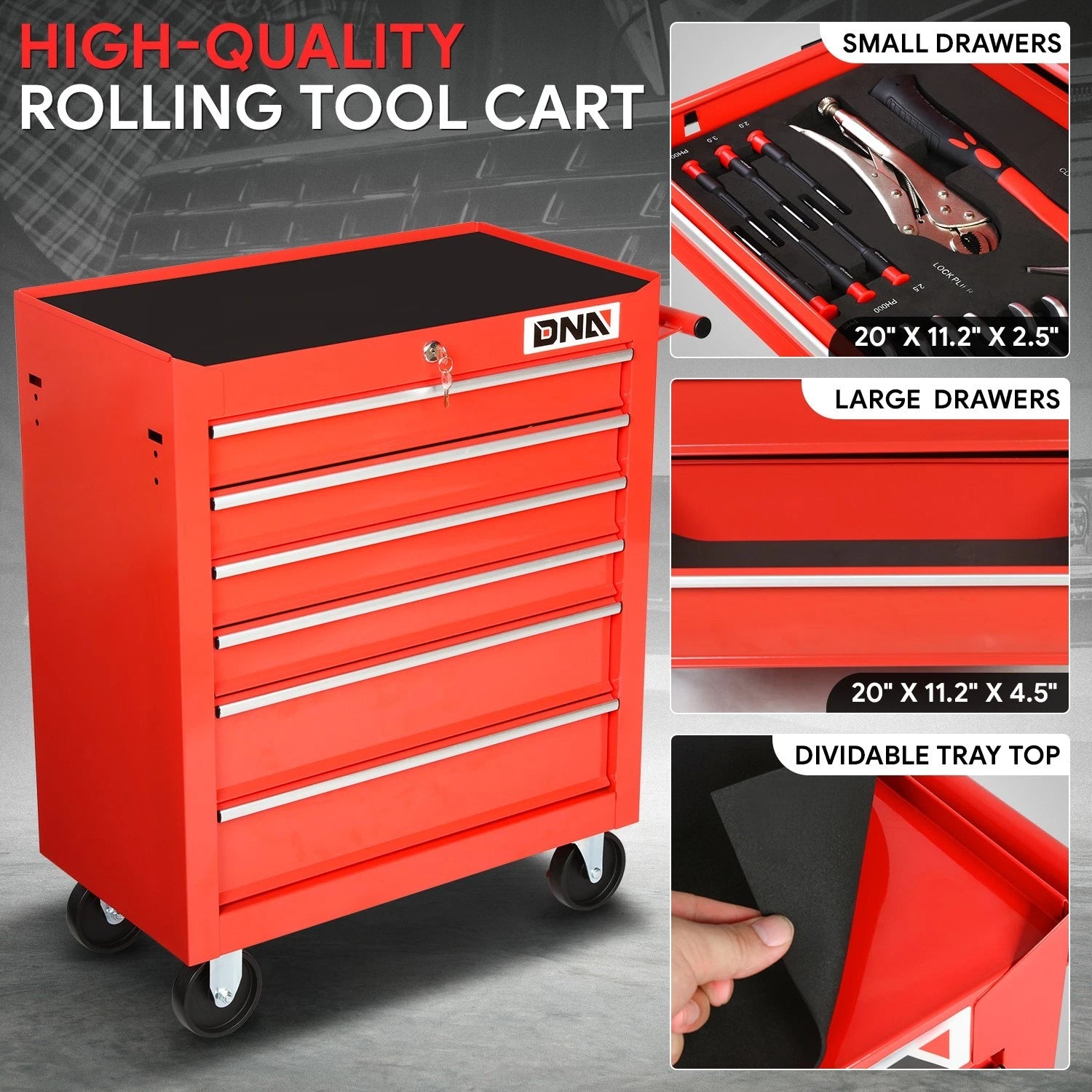 6 Drawer Rolling Tool Trolley Cabinet with Locker and Key, Red