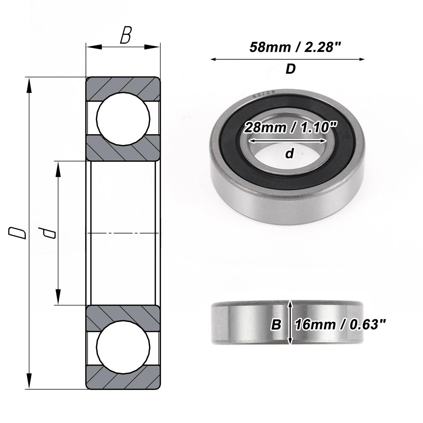 Deep Groove Ball Bearing 28x58x16mm for Scooter Skateboard (1 Pc)
