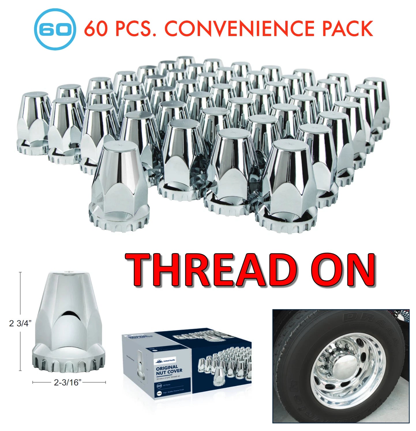 Chrome Lug Nut Covers 33mm Thread-On (2-3/4 Tall) 60 Pack for Universal