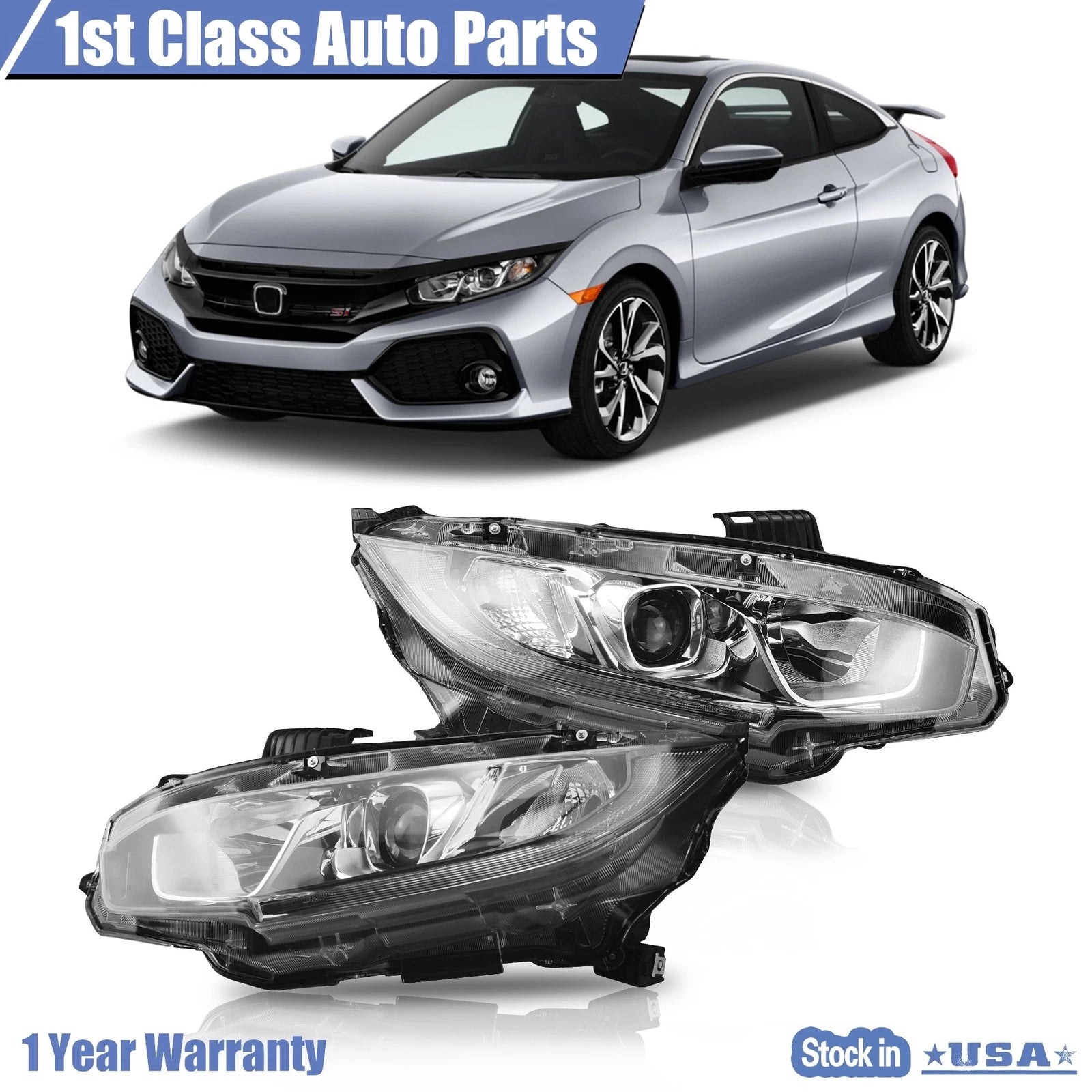 Set of 2 Halogen Headlight Assembly Lamps for Honda Civic (2016–2021)