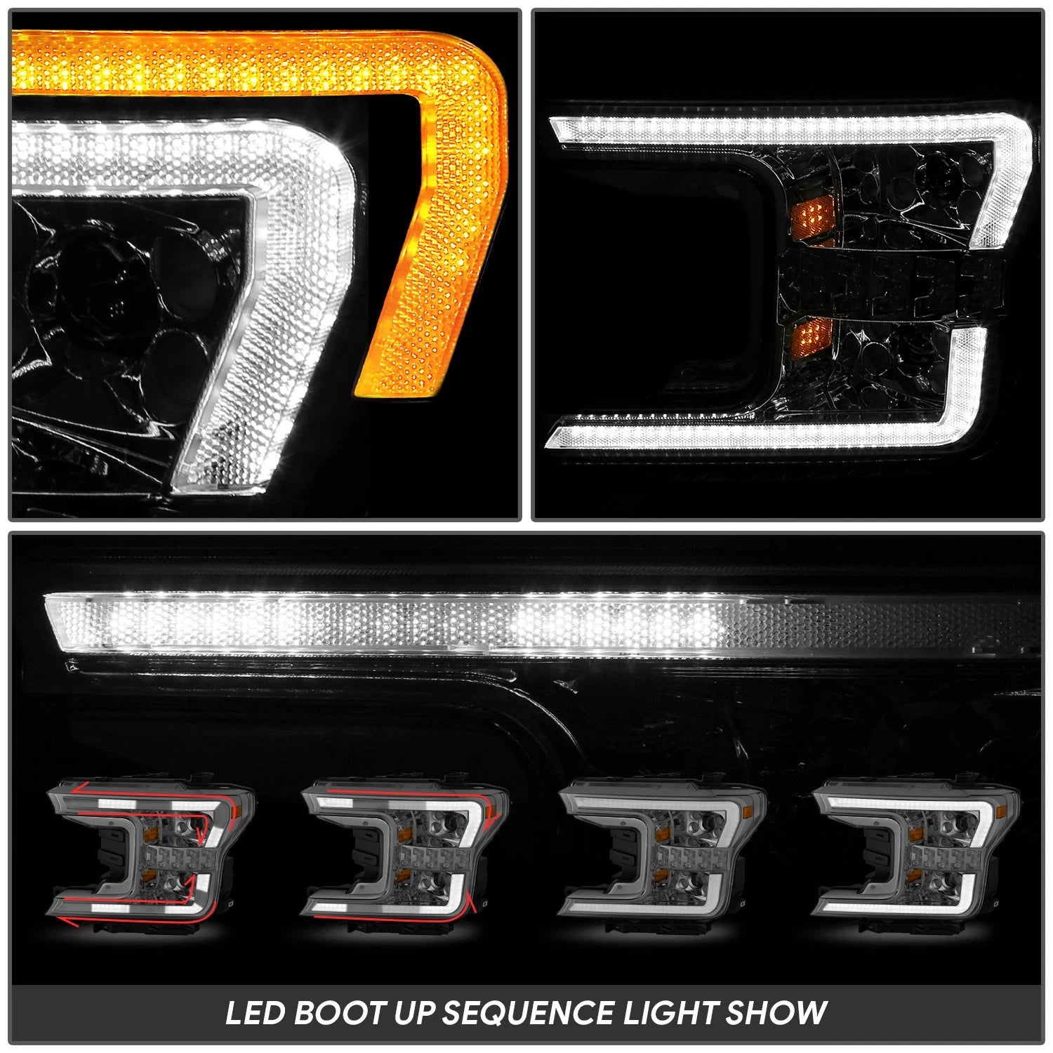 Chrome Amber LED Light Bar Switchback Projector Headlights for Ford F-150 (2018–2020)