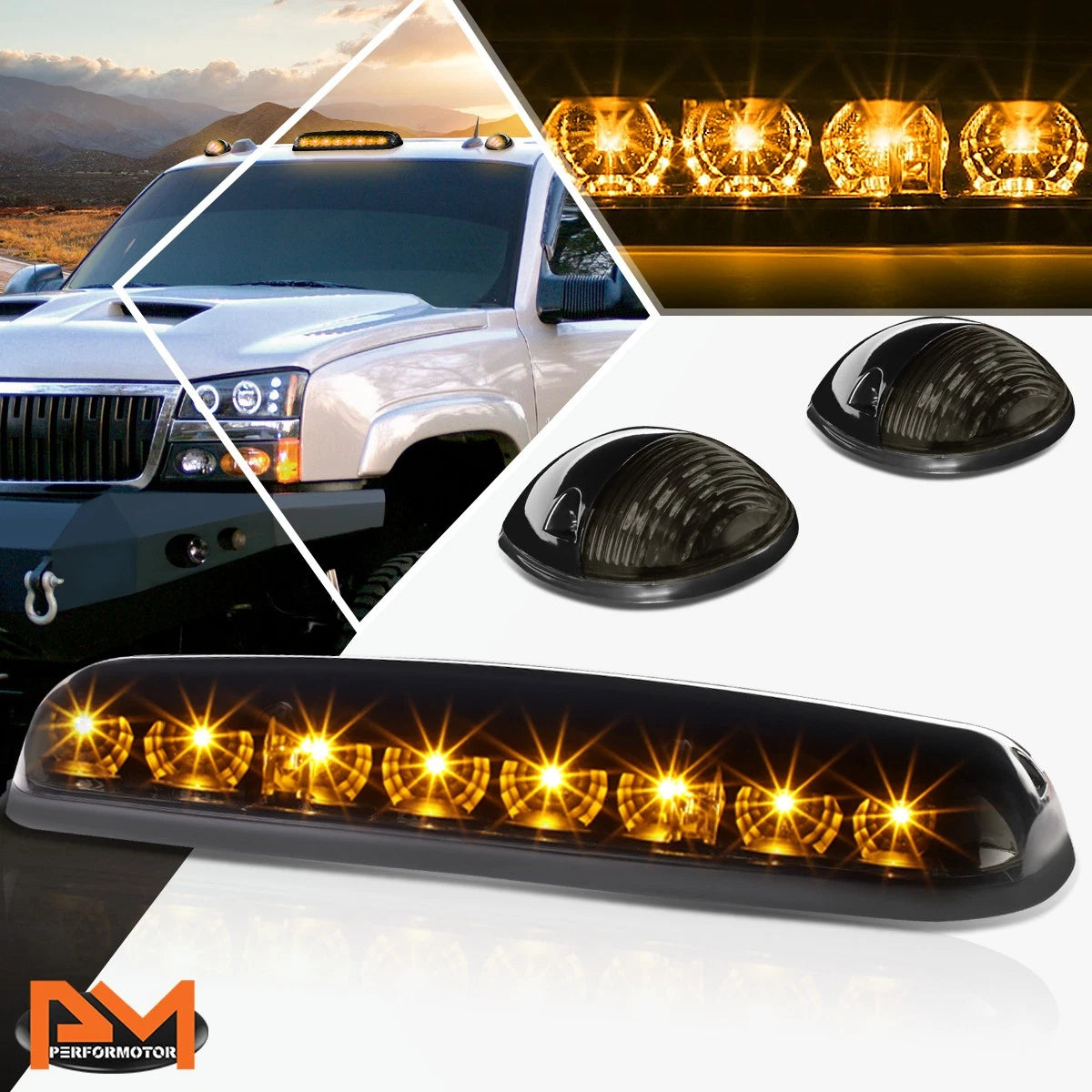 3Pcs Cab Roof Running Light Smoked Yellow LED for Silverado/Sierra (2002–2007)