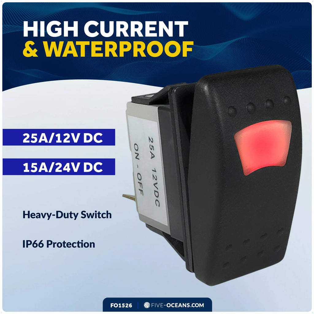 3-Pin On-Off LED Rocker Switch 25A/12V DC, 15A/24V DC, SPST, IP66 Waterproof