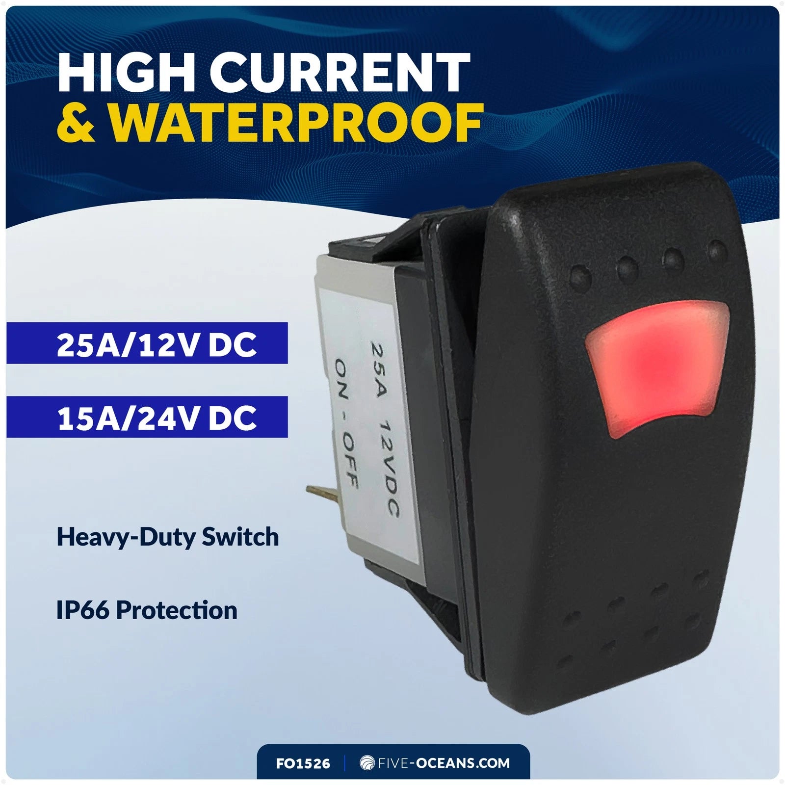 3-Pin On-Off LED Rocker Switch 25A/12V DC, 15A/24V DC, SPST, IP66 Waterproof