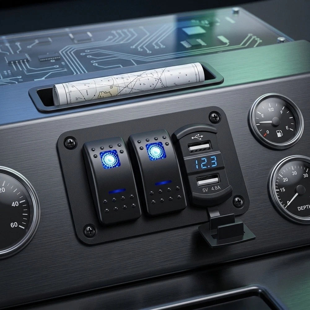 LED Blue 2+1 Triple Gang Switch Panel for Car Boat RV Truck
