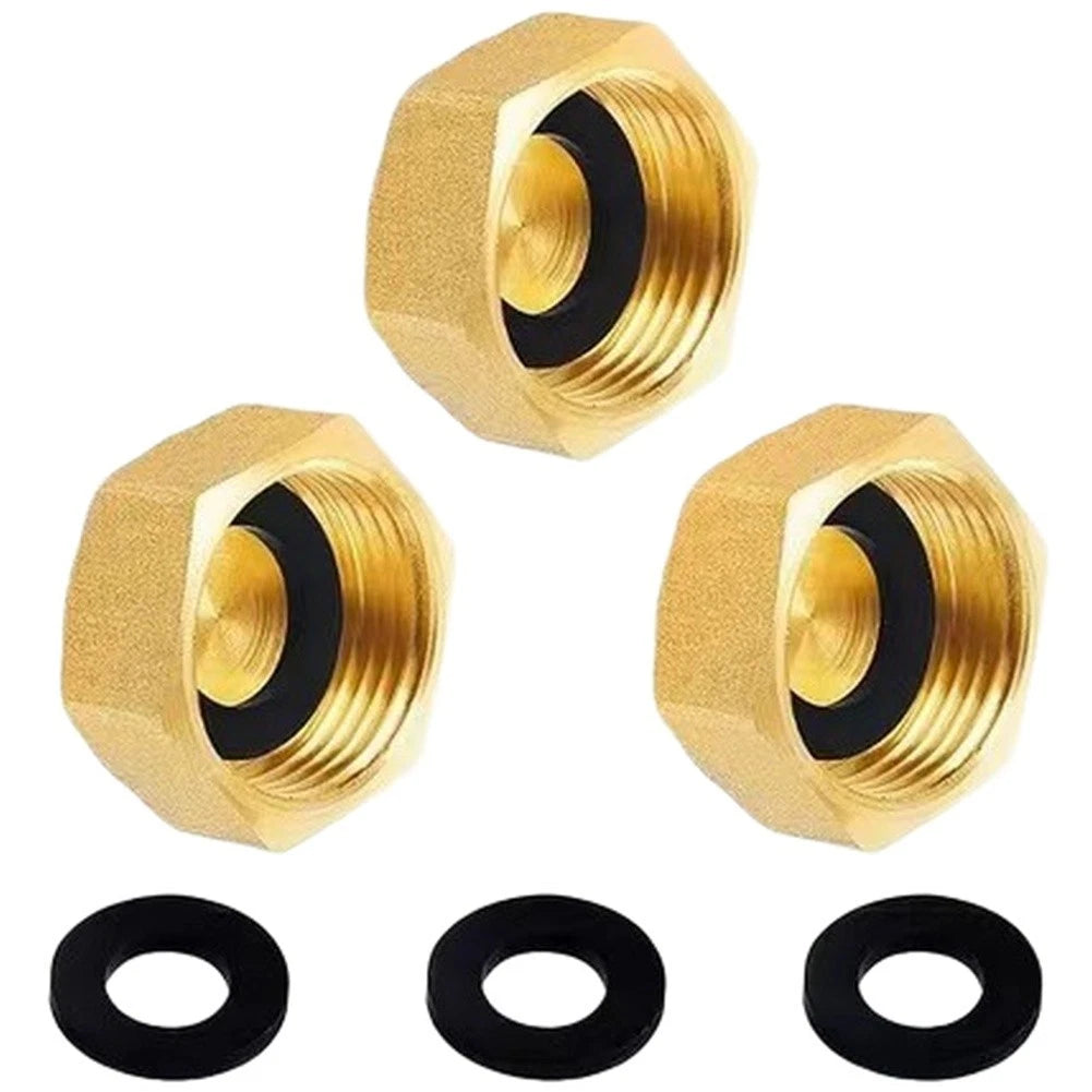 Set of 3 Brass Pipe Caps for Hexagonal Threaded Fittings with Rubber Gasket
