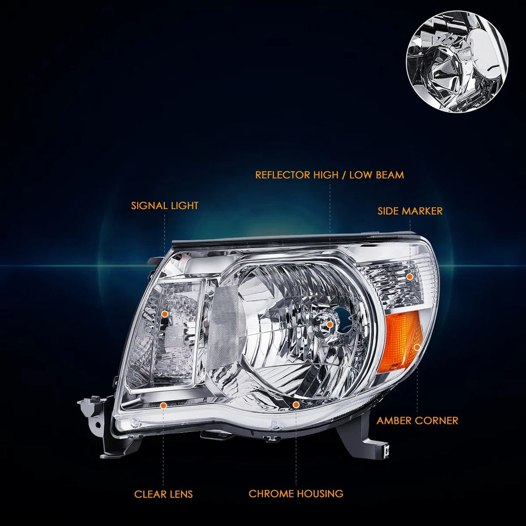 Driver Side Headlight Lamp for Toyota Tacoma (2005–2011) Chrome/Amber