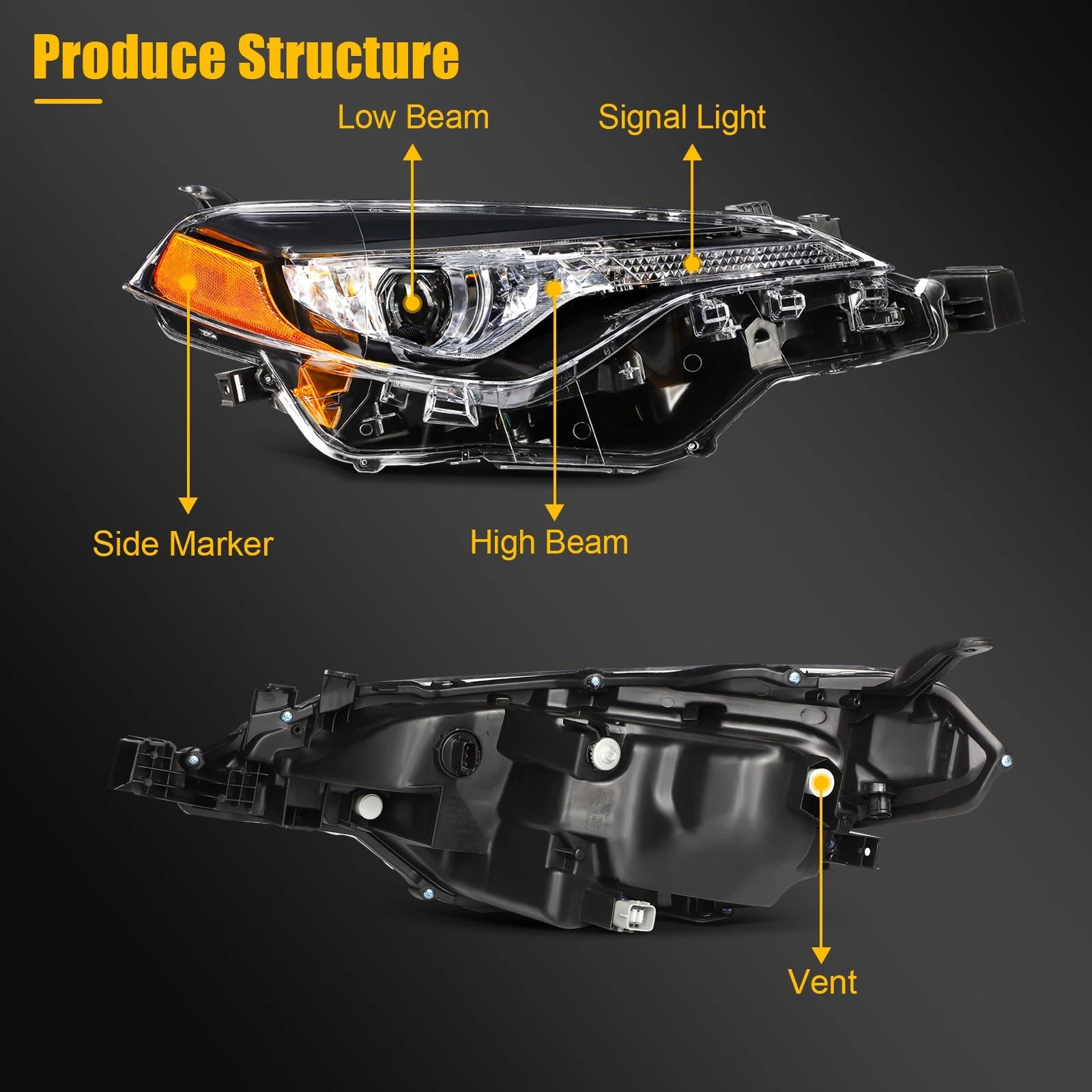 2X Projector Headlights with Bulbs for Toyota Corolla (2017–2019)