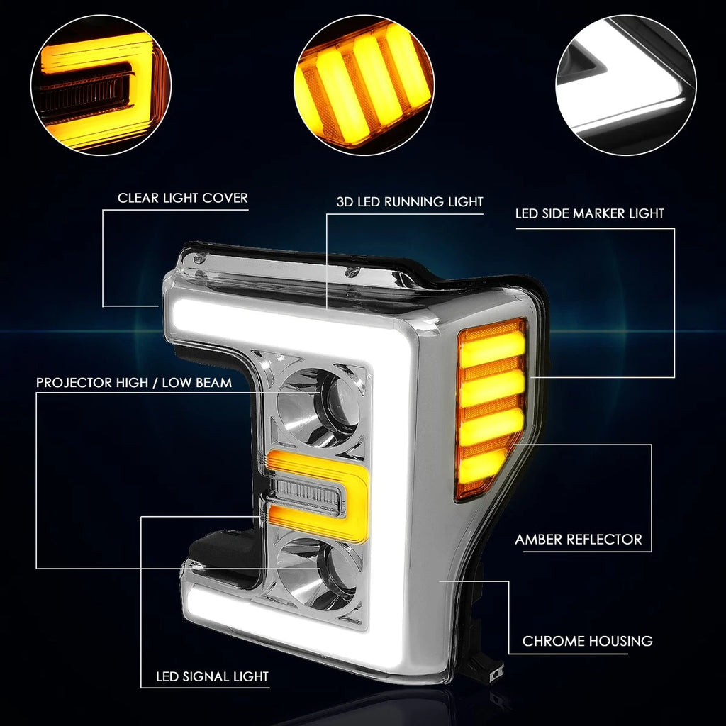 3D E-Shape LED DRL Projector Headlights for Ford Super Duty (2011–2016)