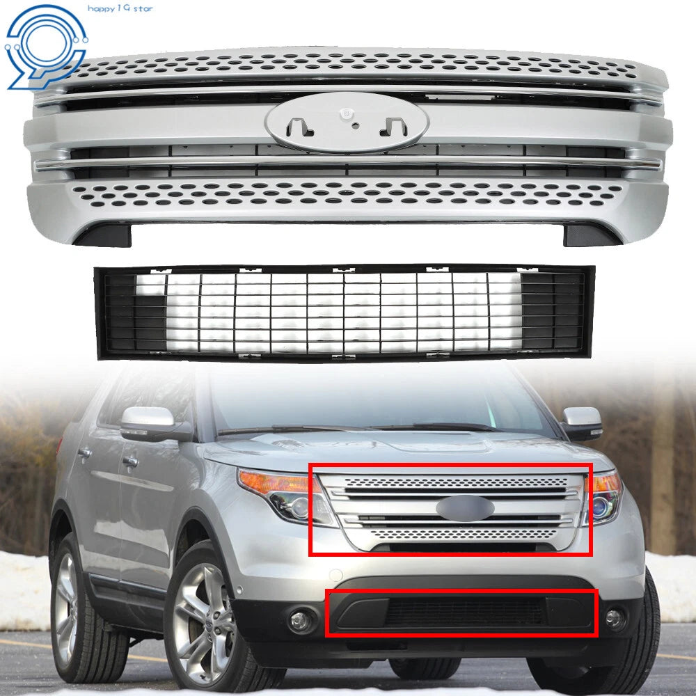 Front Bumper Upper Grille Assembly for Ford Explorer (2011–2015) Silver