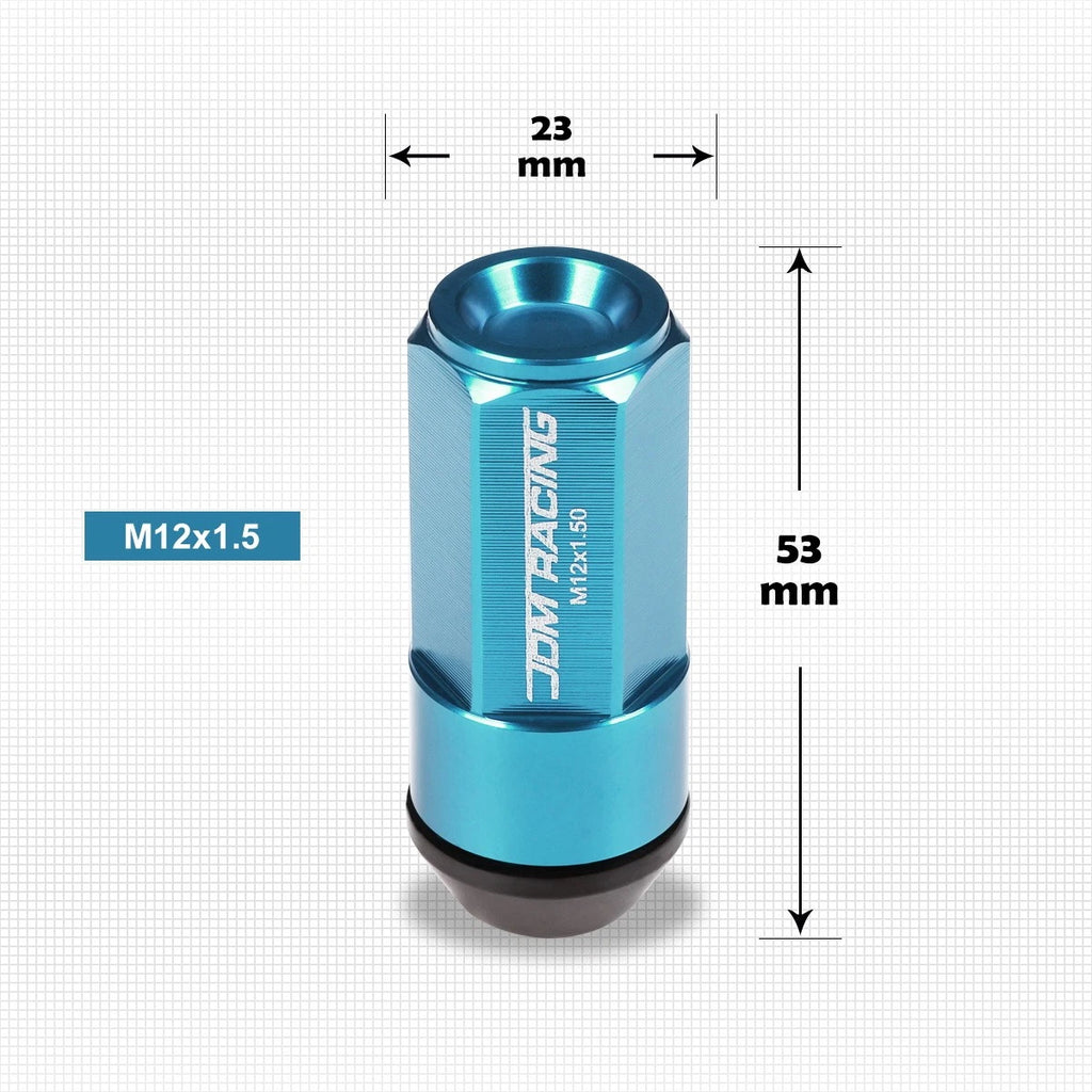 Set of 20 M12X1.5 Sky Blue JDM Cone Seat Wheel Lug Nuts with Cap & Extension