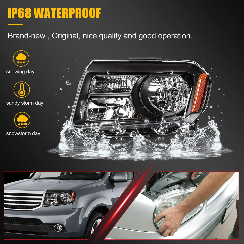 2X Black Headlight Assembly for Honda Pilot (2012–2015)
