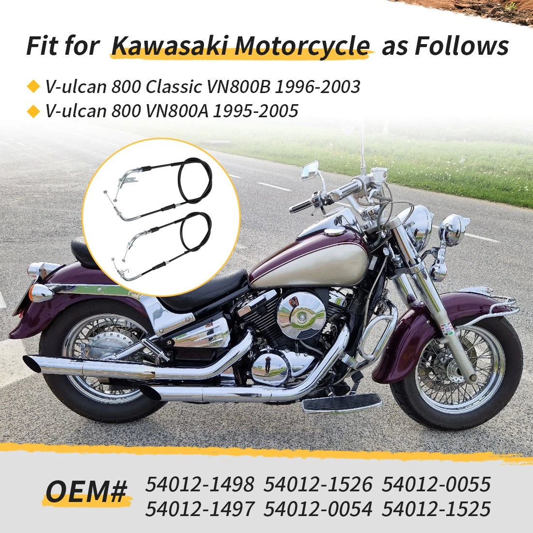 Throttle Cable Set for Kawasaki Vulcan 800 VN800 (1995–2005) 54012-0055 54012-0054