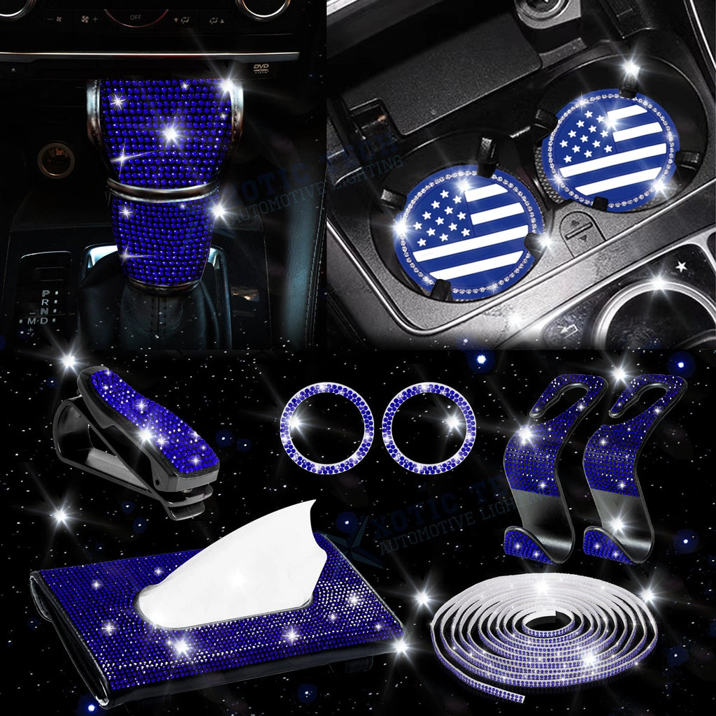 Fashion Blue Bling USA Flag Cup Coaster Interior Decor Kit for 2020-2023