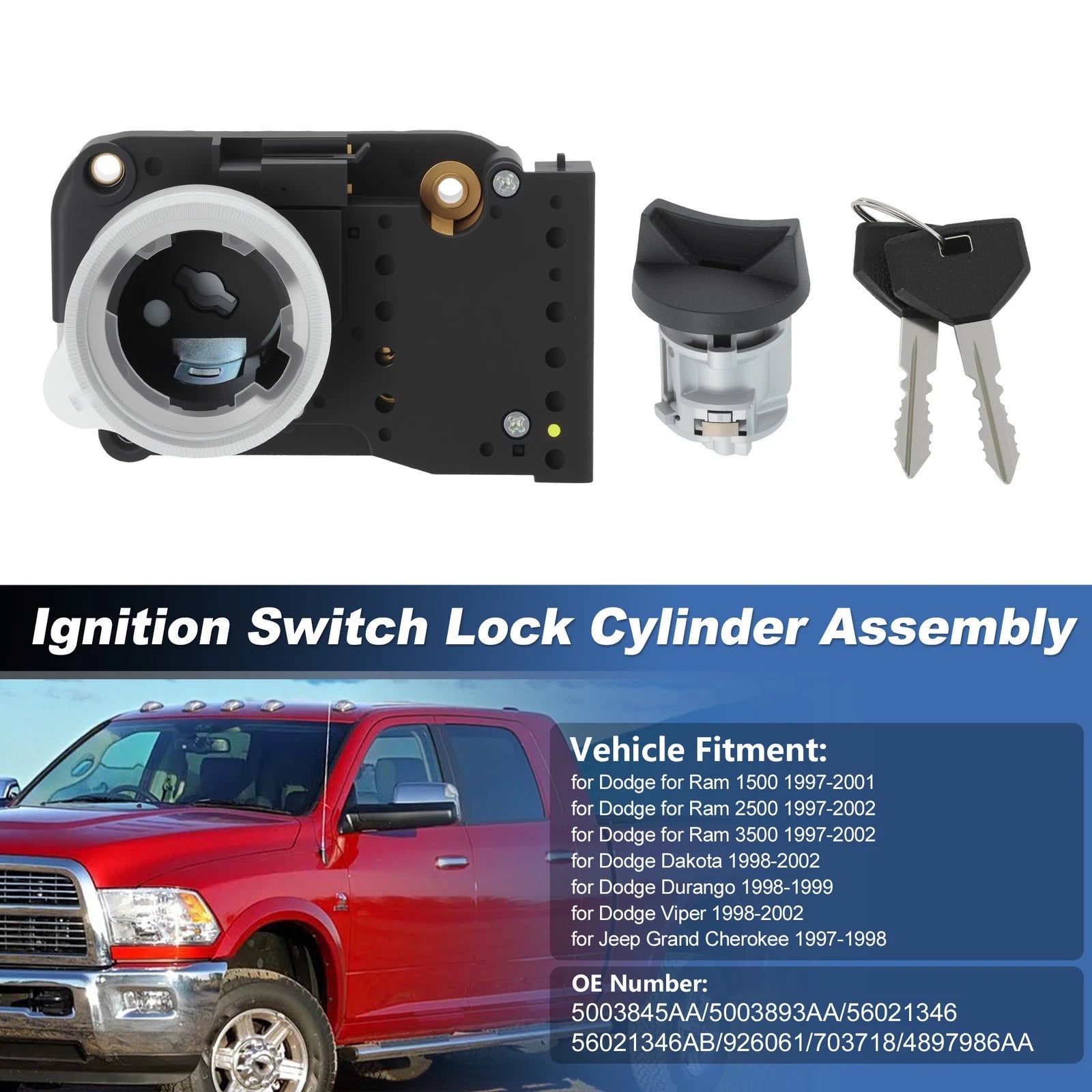 Ignition Lock Switch Assembly for Dodge Ram 1500 2500 3500 (1997–2020) 5003845AA