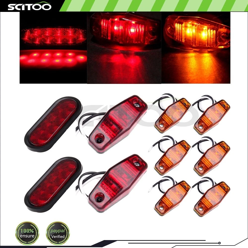 2X 6" 10LED Red Trailer Tail Light + 8X Amber/Red Side Marker Lights