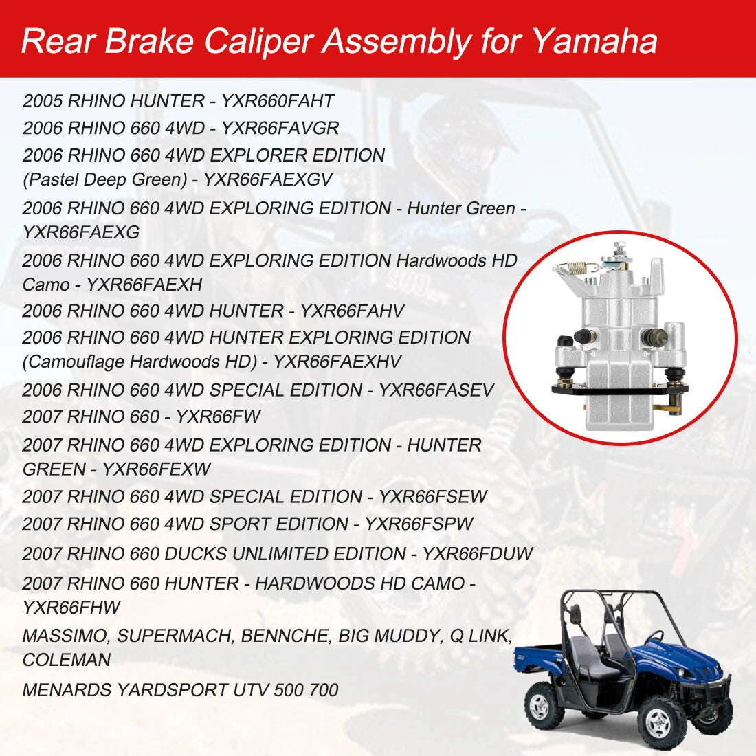 Rear Brake Caliper & Pads for Yamaha Rhino 450 YXR450F (2006–2009)