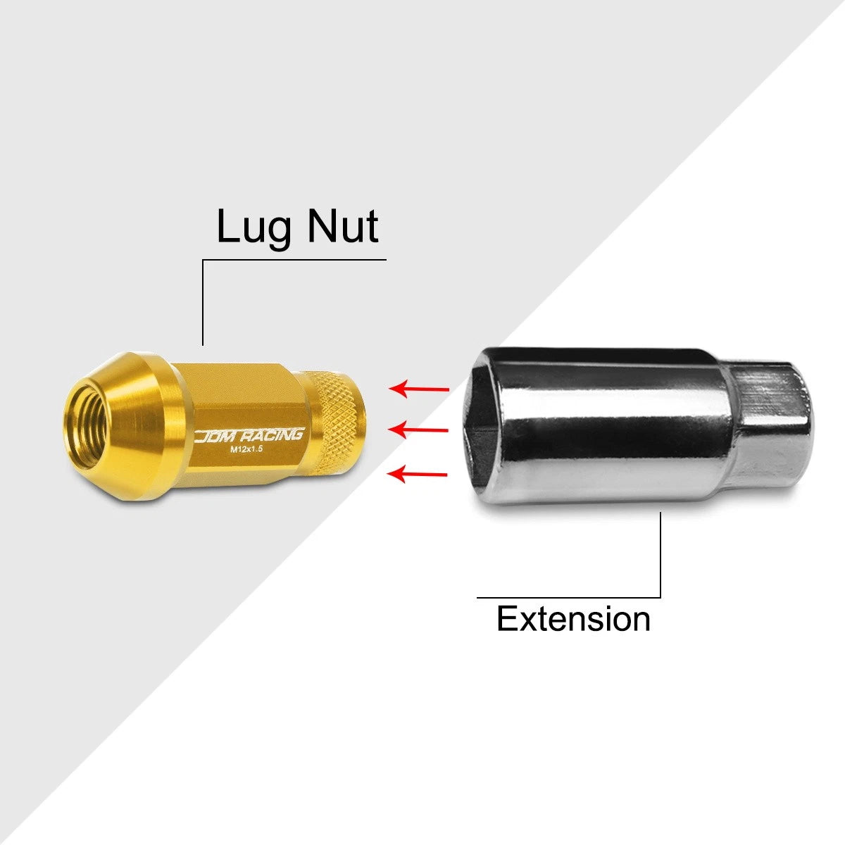 20Pc M12X1.5 Gold JDM Open End Cone Seat Hex Wheel Lug Nuts + Extension 25mmx50mm