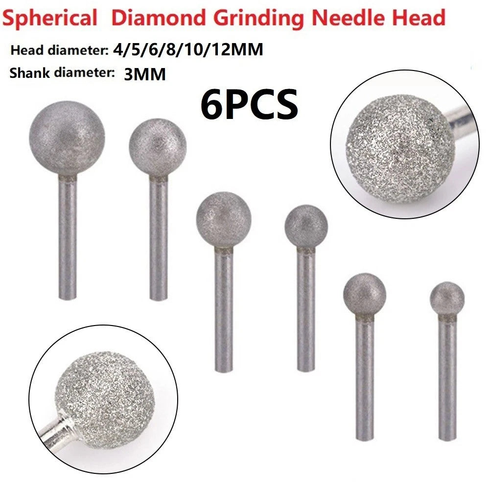 Set of 6 Diamond Round Ball Burr Drill Bits 4-12mm for Carving