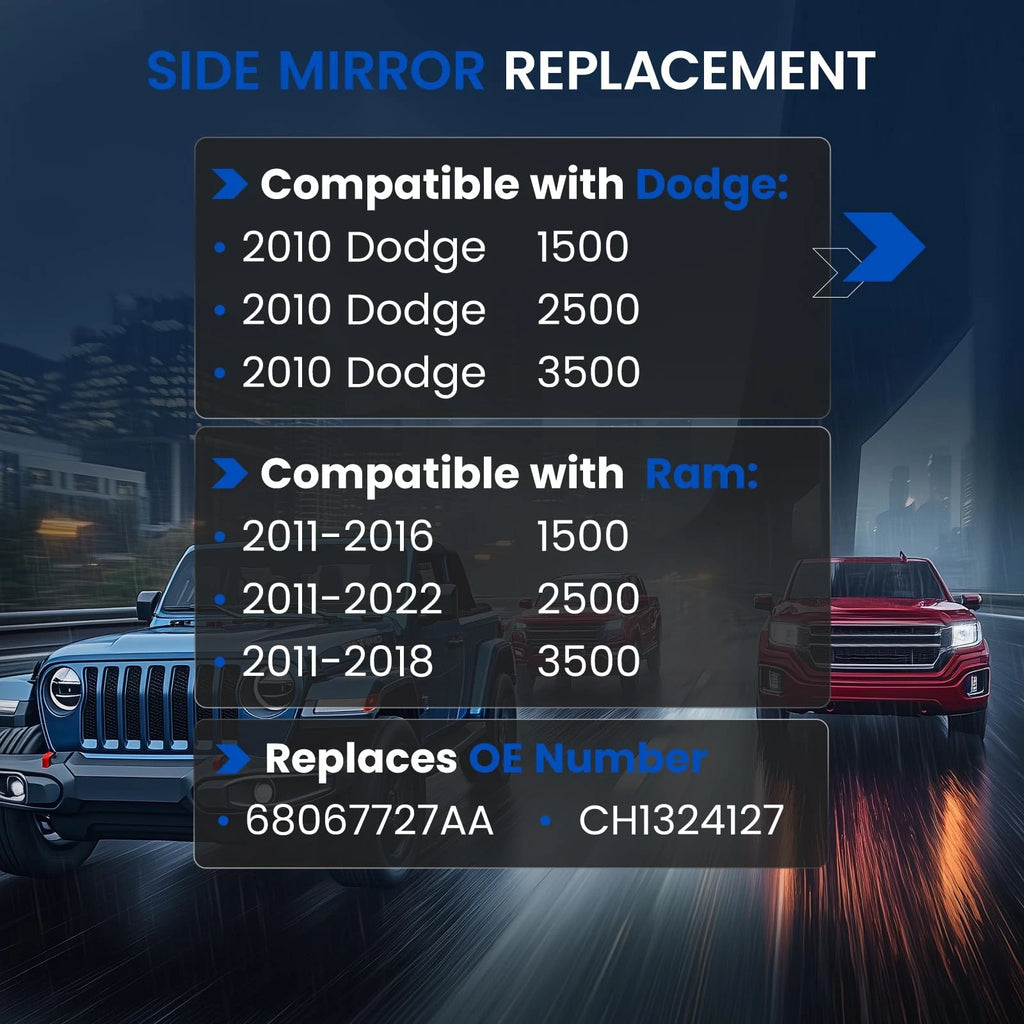 Heated Upper Left Towing Mirror Glass for Dodge Ram 1500 (2011-2019)