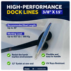 Set of 4 Dock Lines 3/8"x15' with 12" Eyelet for Boats (Navy Blue)