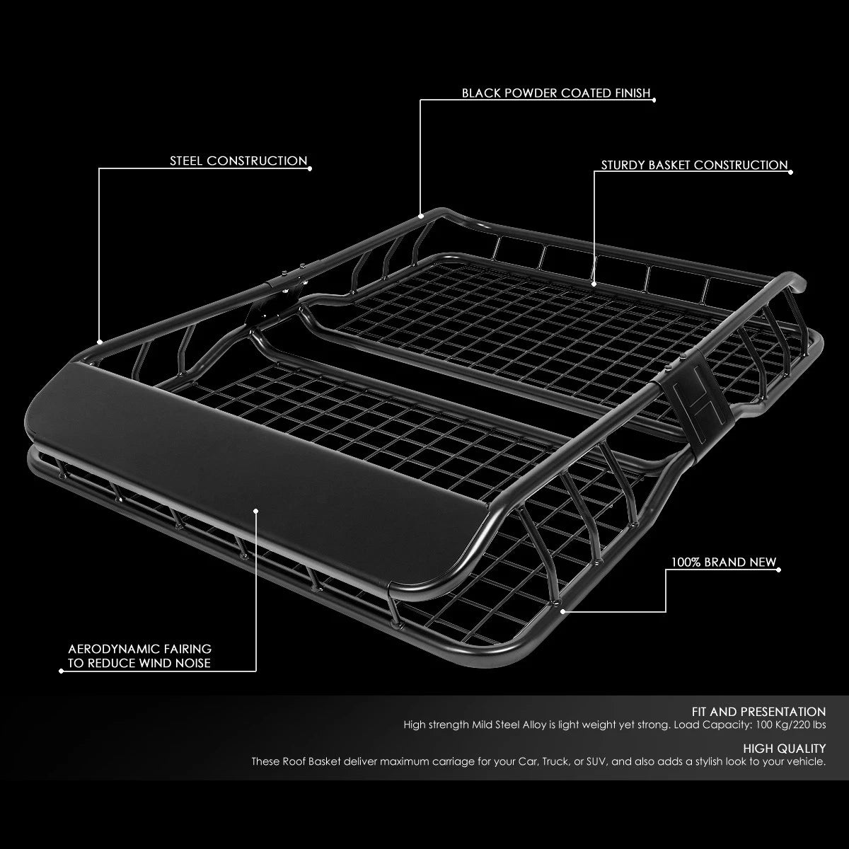 49" x 36" Mild Steel Roof Rack Cargo Carrier with Wind Fairing/Deflector