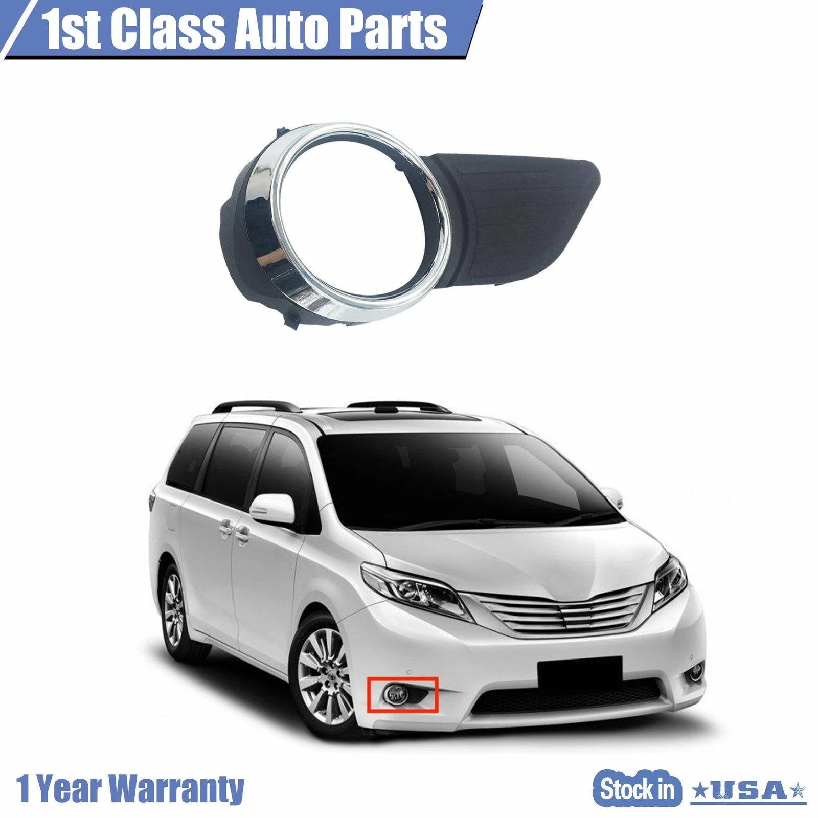 Right Passenger Side Fog Light Bezel with Chrome Trim for Toyota Sienna (2011–2017)