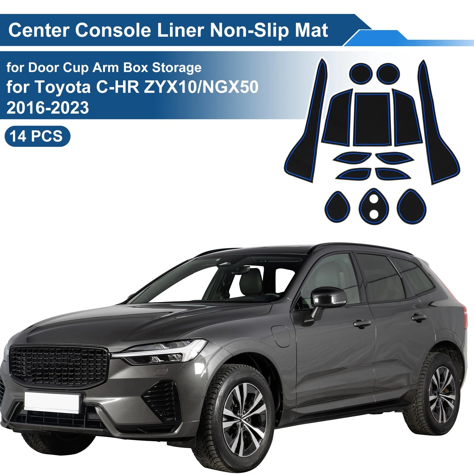 14 Pcs Non-Slip Mat for Toyota C-HR ZYX10/NGX50 (2016–2023) PVC Blue