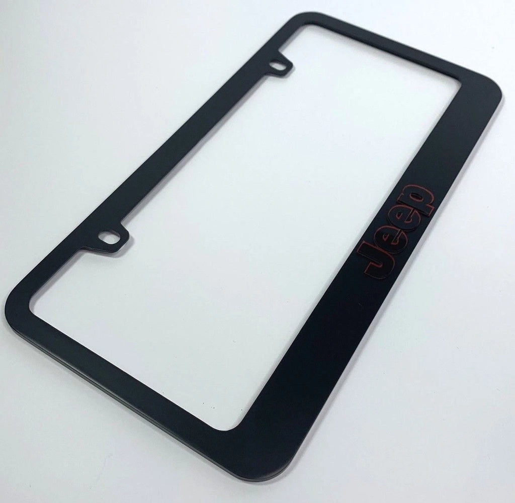 License Plate Frame Black w Red Outline Letters for Jeep Wrangler (2007–2024)