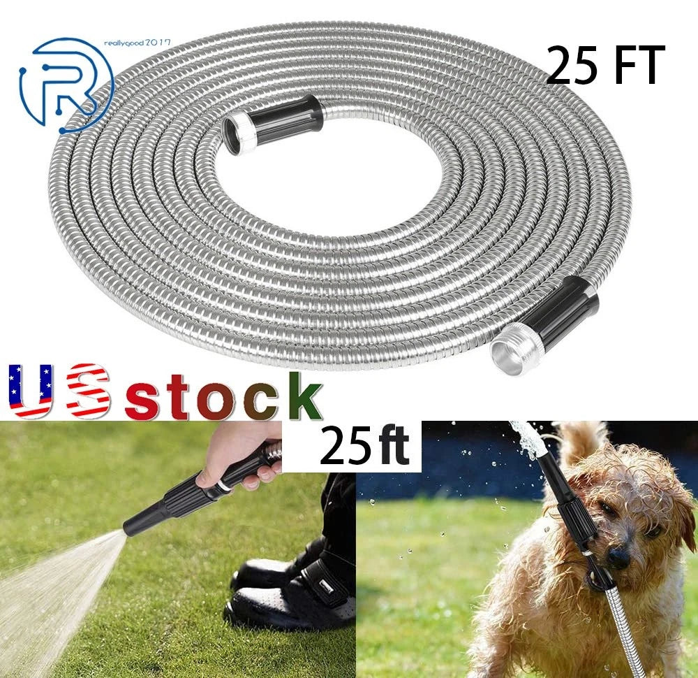25 FT Stainless Steel Flexible Garden Water Hose Pipe