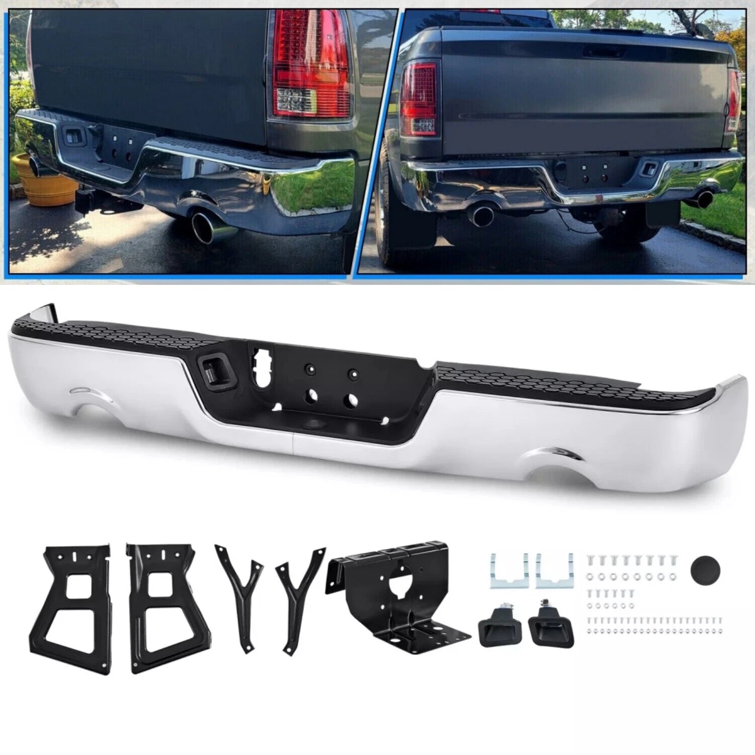 Chrome Rear Bumper for Dodge RAM 1500 (2009–2018) w/ Dual Exhaust