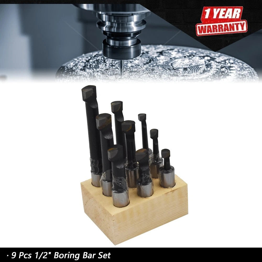 Set of 9 Carbide Tipped Boring Bars for Lathe Tool (1/2" Shank)